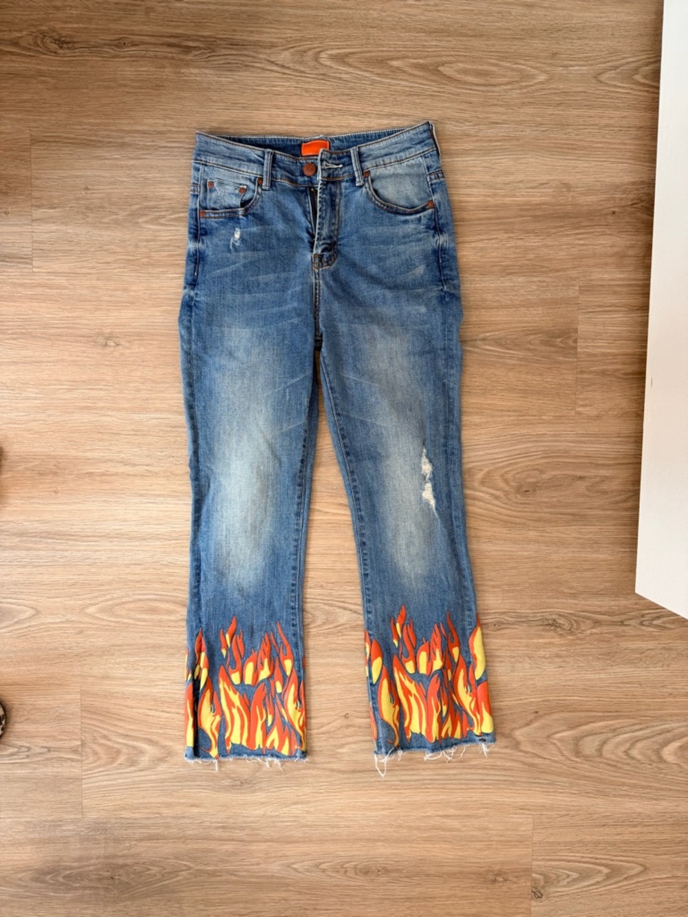 MOTHER Blue Denim Flare Jeans with Orange & Yellow Flame Hem